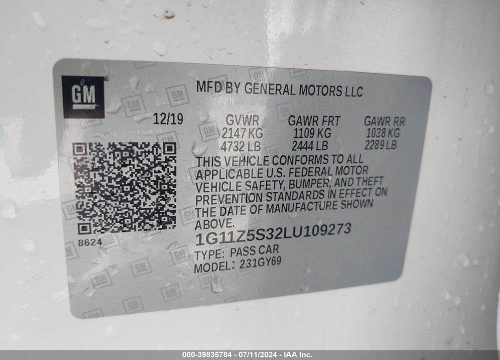 2020 CHEVROLET IMPALA FWD LT VIN: 1G11Z5S32LU109273