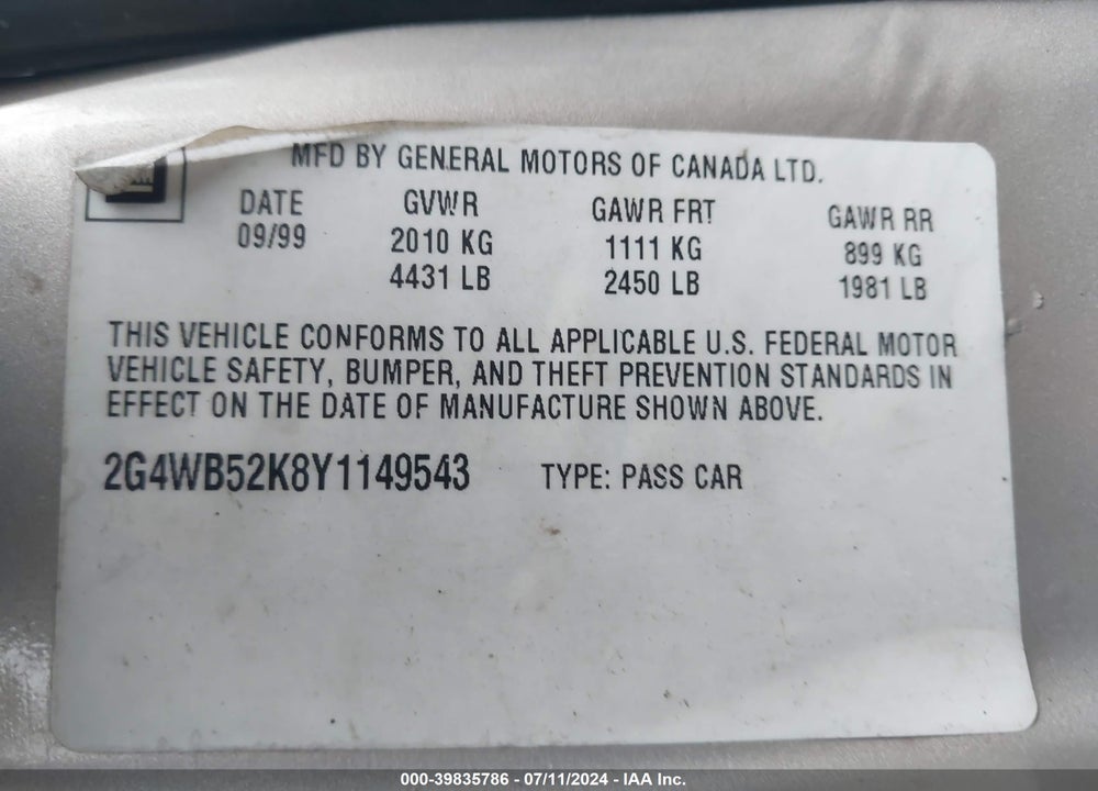 2000 BUICK REGAL VIN: 2G4WB52K8Y1149543