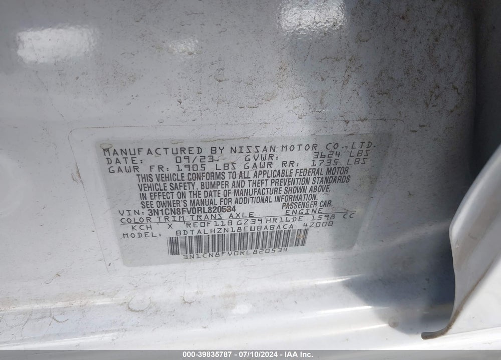 2024 NISSAN VERSA 1.6 SR VIN: 3N1CN8FV0RL820534