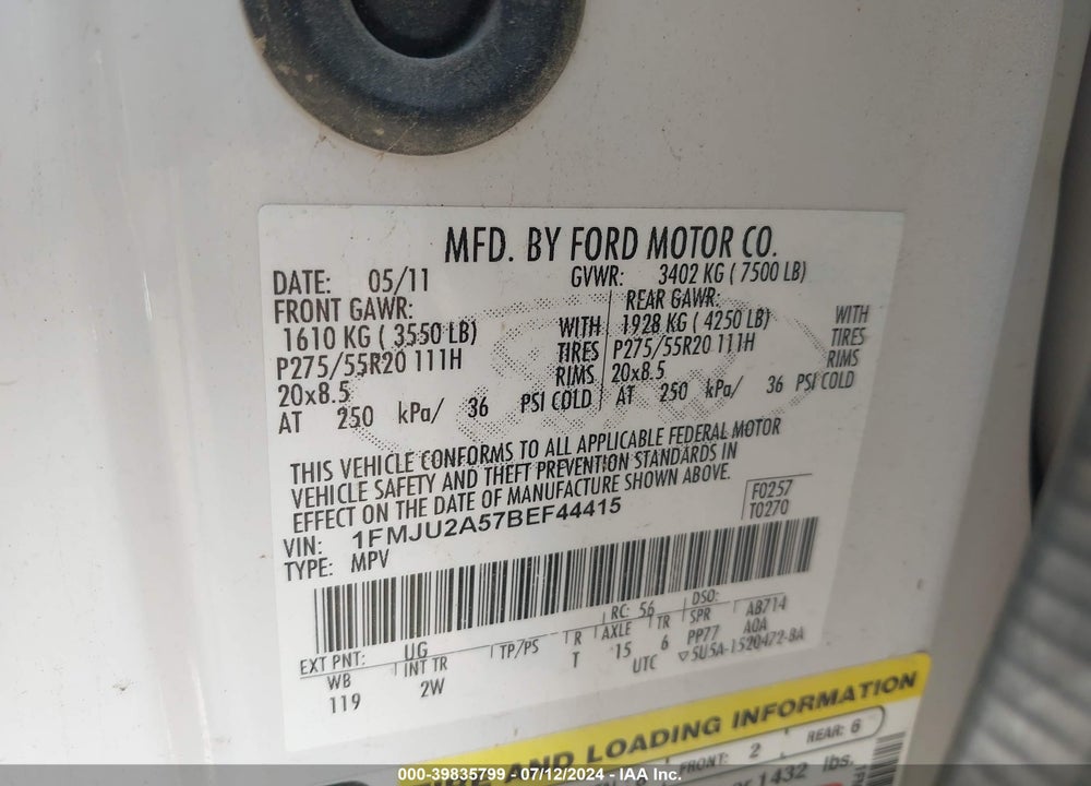 2011 FORD EXPEDITION LIMITED VIN: 1FMJU2A57BEF44415