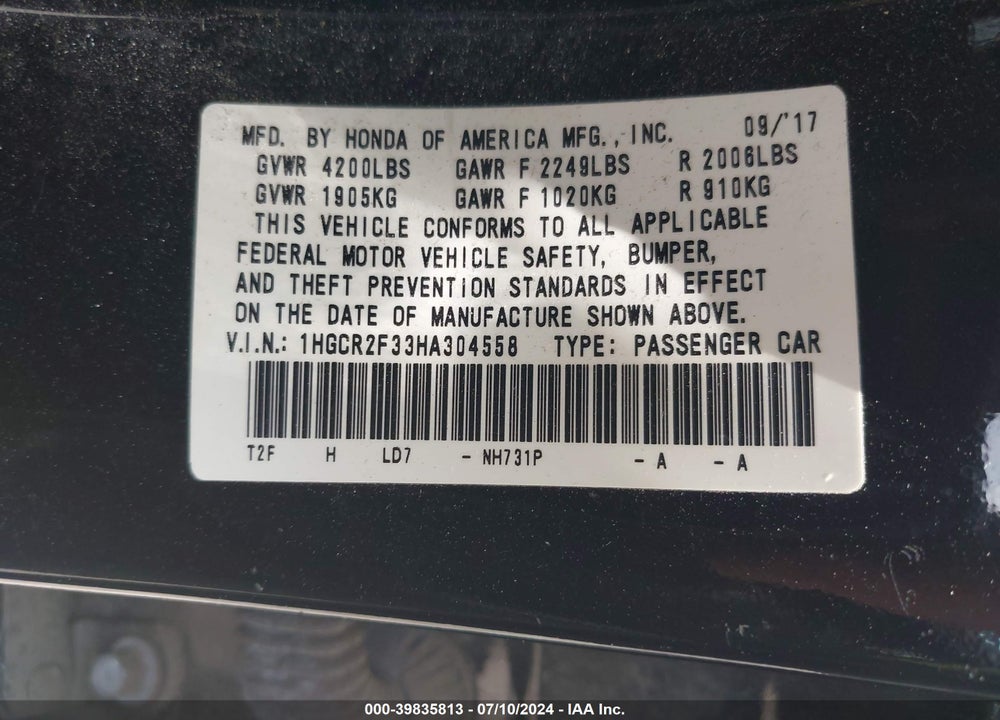 2017 HONDA ACCORD LX VIN: 1HGCR2F33HA304558