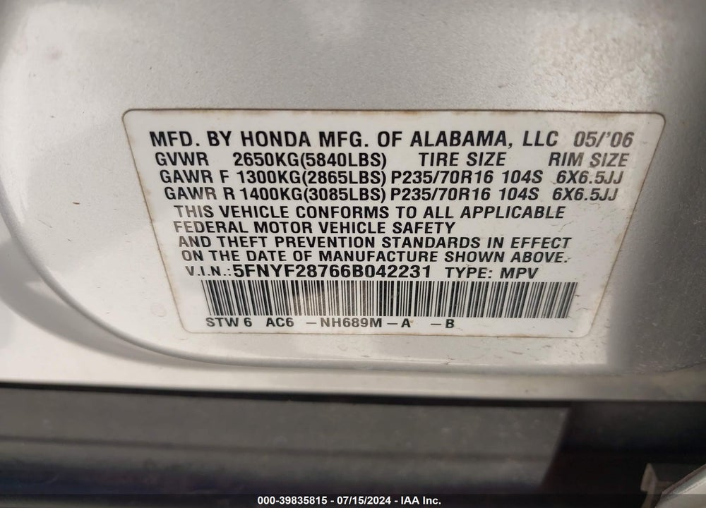 2006 HONDA PILOT VIN: 5FNYF28766B042231