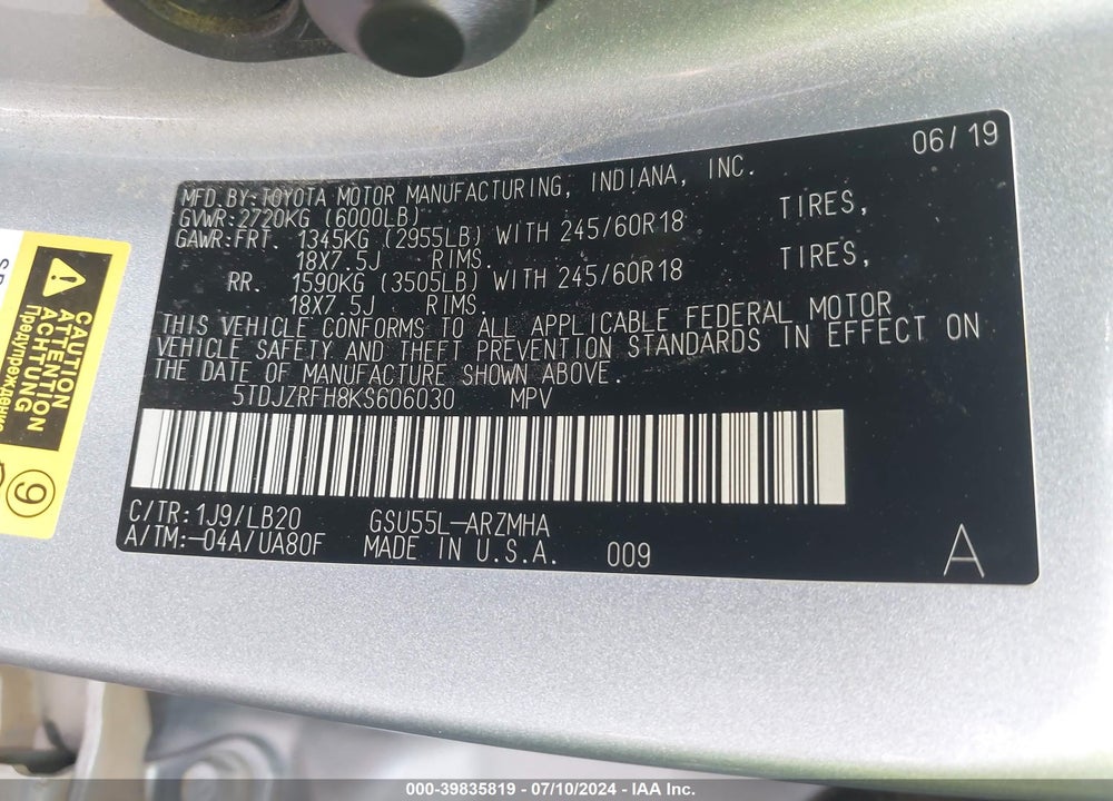 2019 TOYOTA HIGHLANDER XLE VIN: 5TDJZRFH8KS606030
