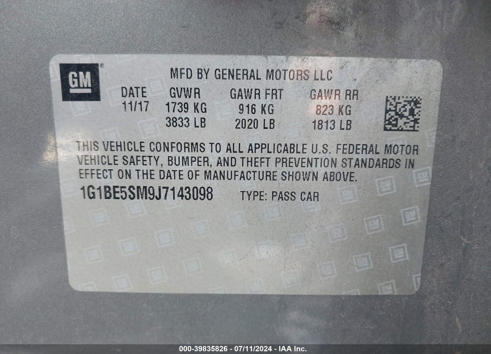2018 CHEVROLET CRUZE LT AUTO VIN: 1G1BE5SM9J7143098