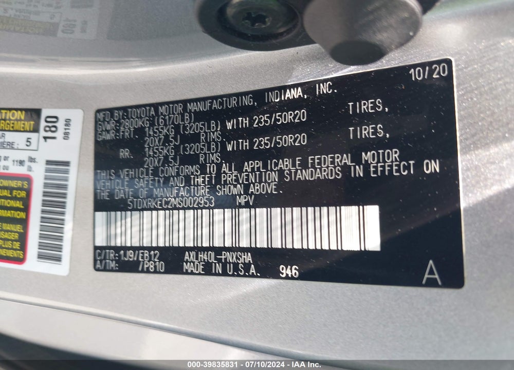2021 TOYOTA SIENNA XSE VIN: 5TDXRKEC2MS002953