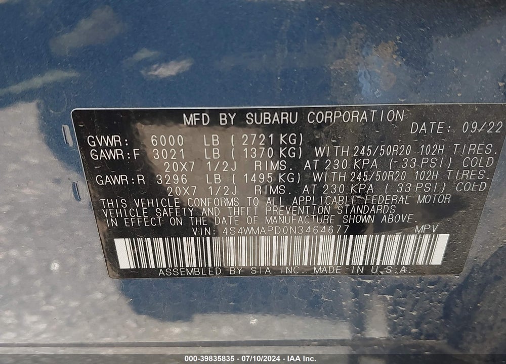 2022 SUBARU ASCENT LIMITED VIN: 4S4WMAPD0N3464677