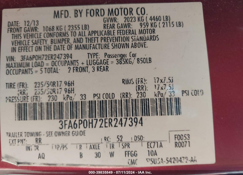 2014 FORD FUSION SE VIN: 3FA6P0H72ER247394