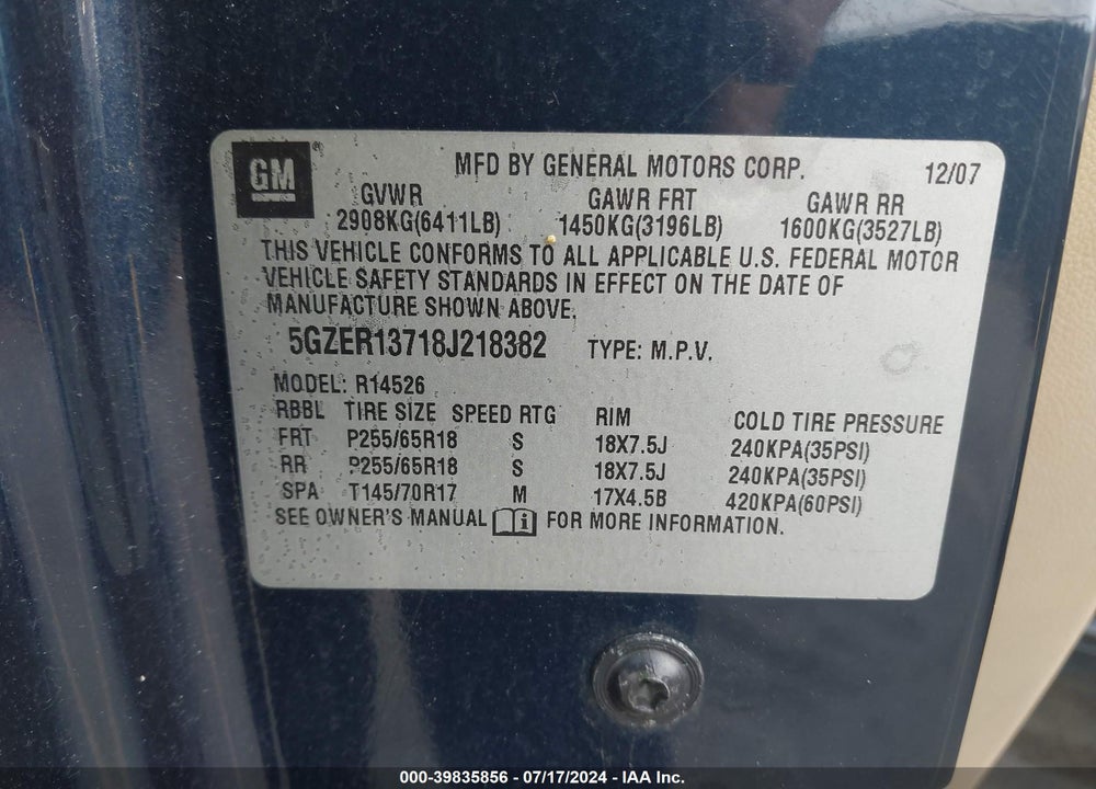 2008 SATURN OUTLOOK XE VIN: 5GZER13718J218382