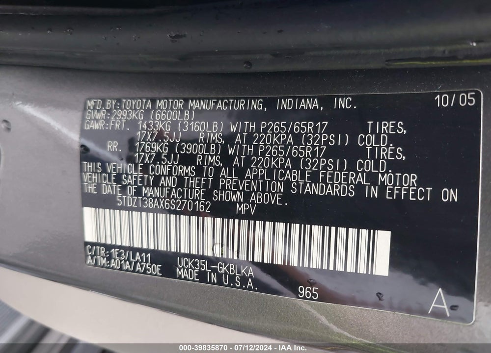 2006 TOYOTA SEQUOIA LIMITED V8 VIN: 5TDZT38AX6S270162