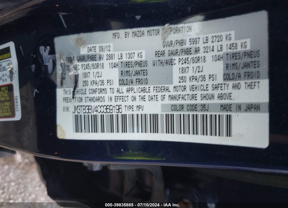 2012 MAZDA CX-9 SPORT VIN: JM3TB3BV4C0369196