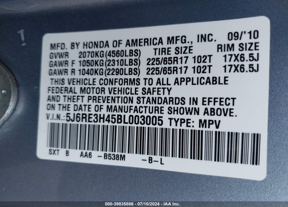 2011 HONDA CR-V SE VIN: 5J6RE3H45BL003005