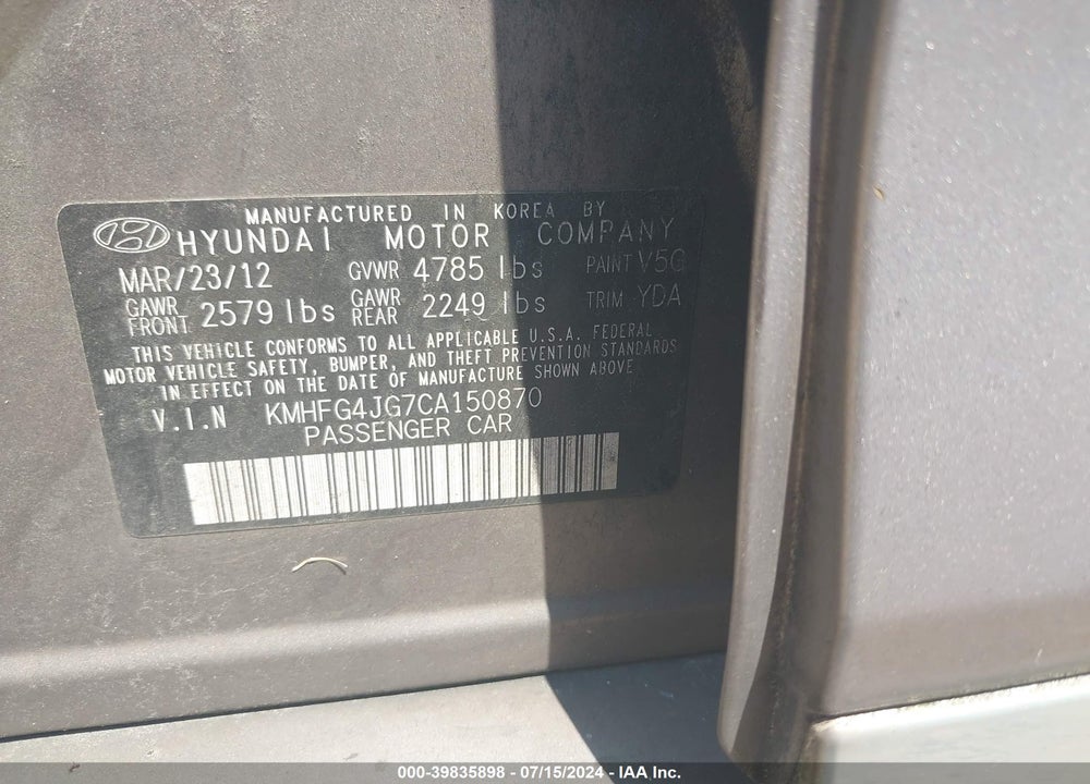 2012 HYUNDAI AZERA VIN: KMHFG4JG7CA150870