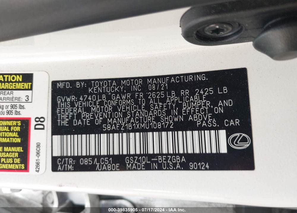 2021 LEXUS ES 350 ULTRA LUXURY VIN: 58AFZ1B1XMU108172