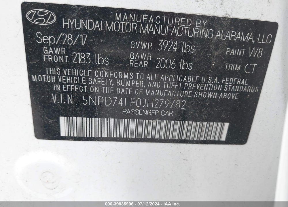 2018 HYUNDAI ELANTRA SE VIN: 5NPD74LF0JH279782