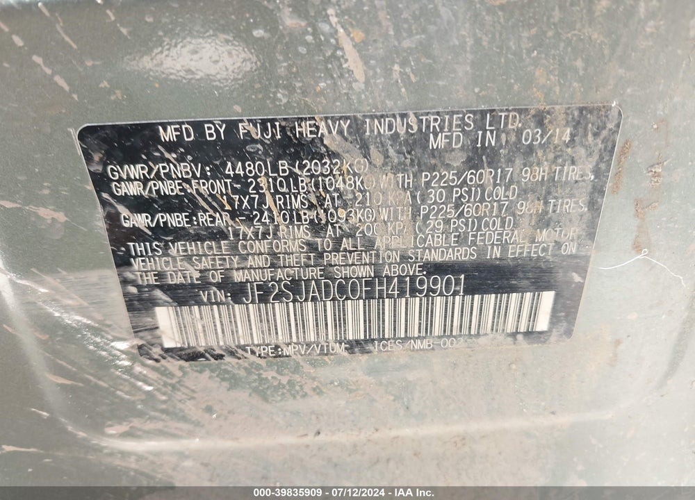 2015 SUBARU FORESTER 2.5I PREMIUM VIN: JF2SJADC0FH419901