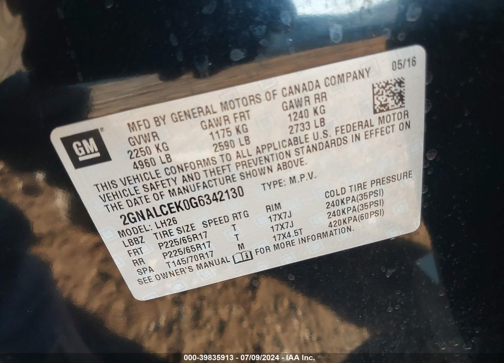 2016 CHEVROLET EQUINOX LT VIN: 2GNALCEK0G6342130