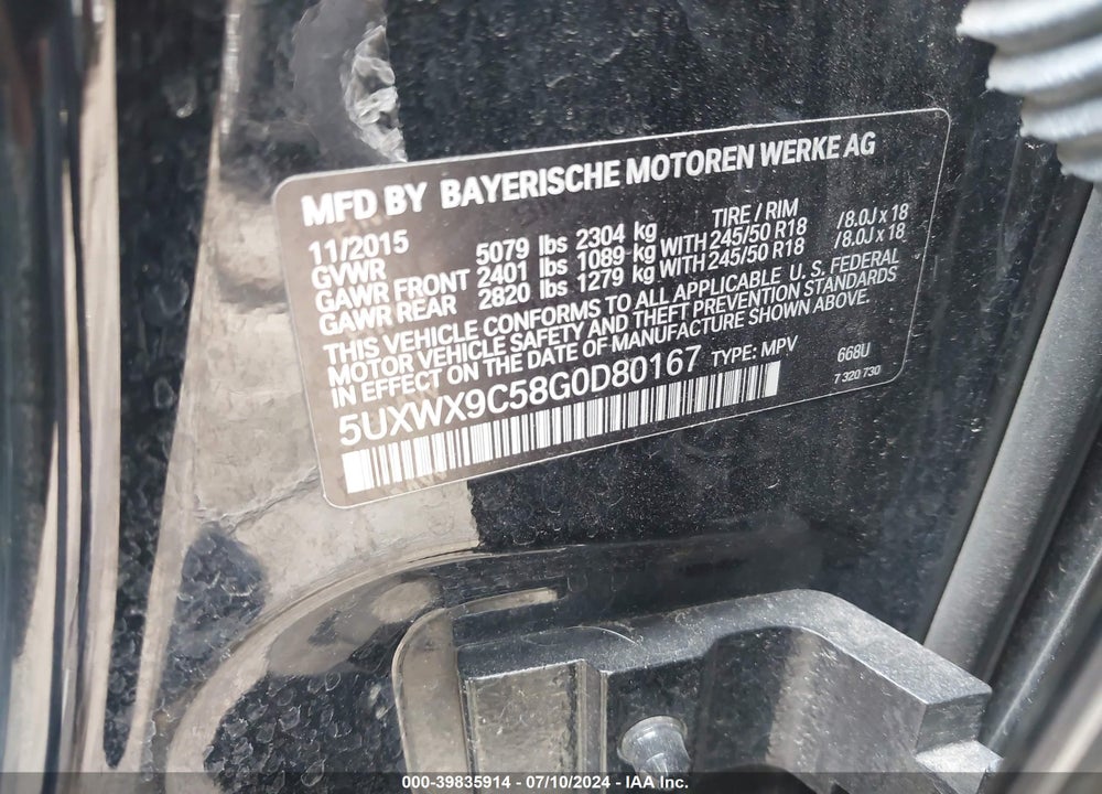 2016 BMW X3 XDRIVE28I VIN: 5UXWX9C58G0D80167