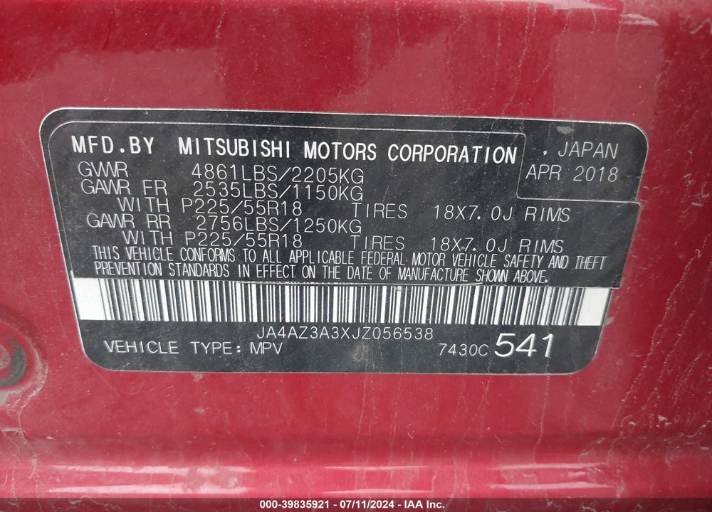 2018 MITSUBISHI OUTLANDER ES VIN: JA4AZ3A3XJZ056538