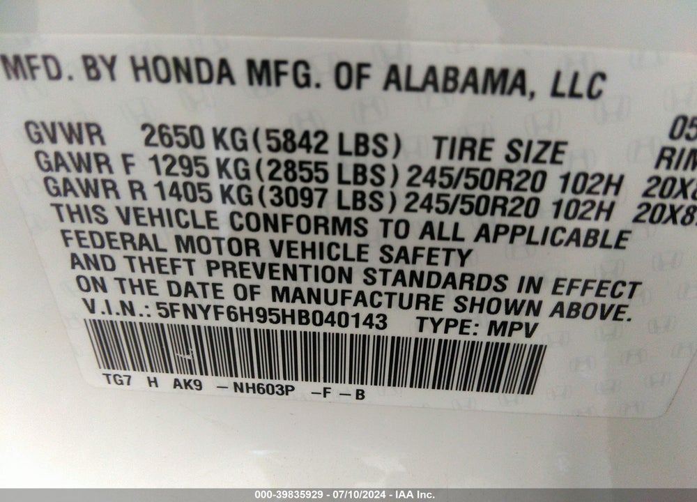 2017 HONDA PILOT TOURING VIN: 5FNYF6H95HB040143