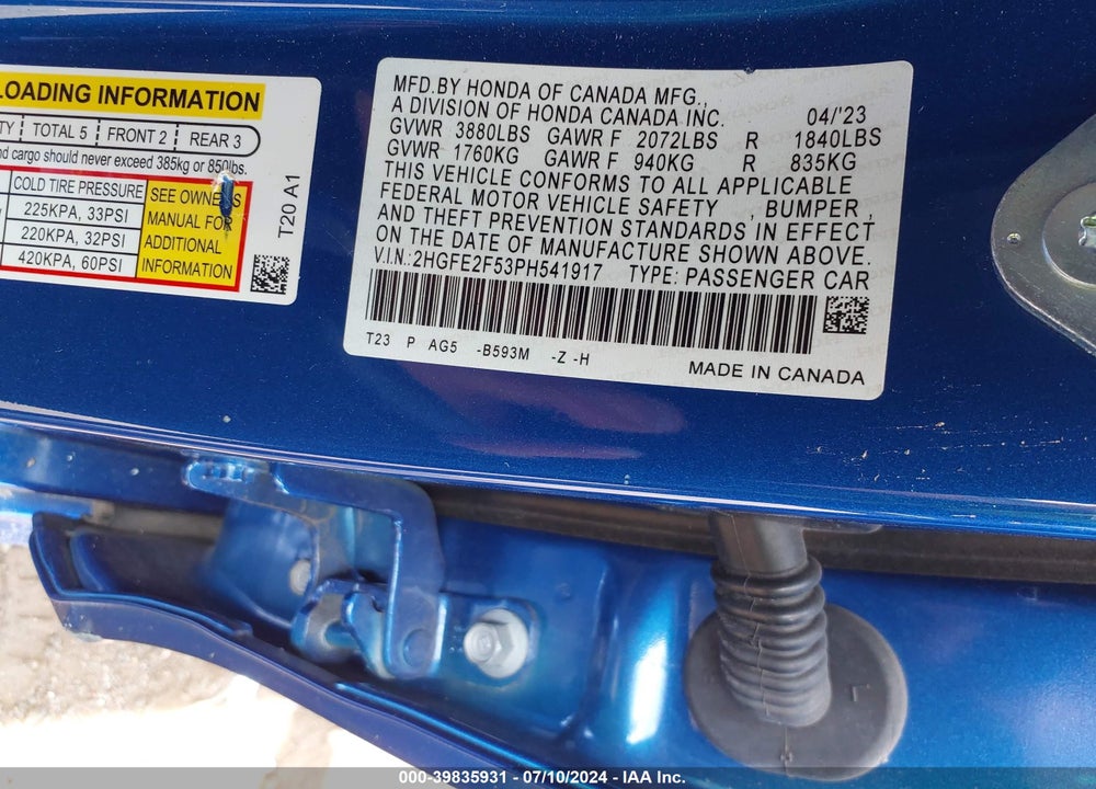2023 HONDA CIVIC VIN: 2HGFE2F53PH541917