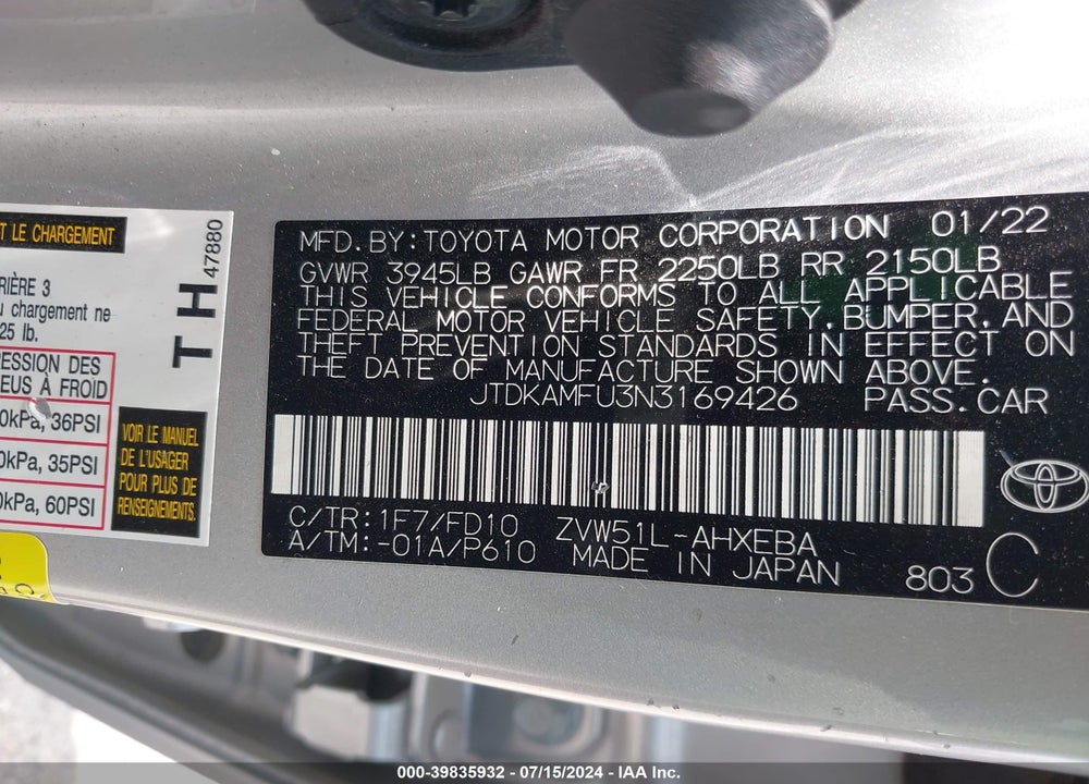 2022 TOYOTA PRIUS VIN: JTDKAMFU3N3169426