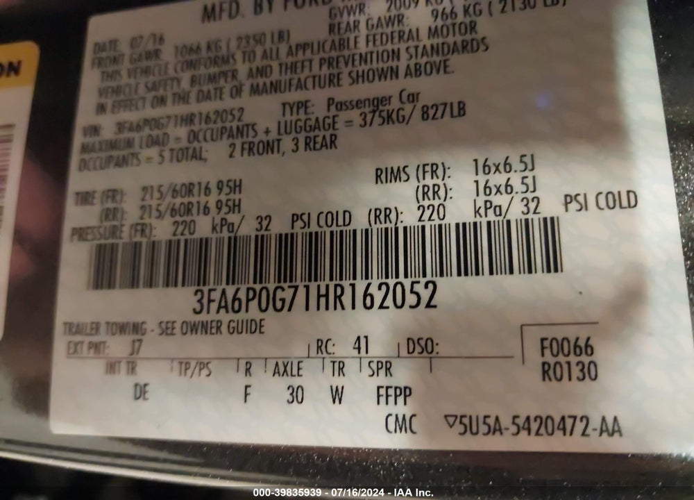 2017 FORD FUSION S VIN: 3FA6P0G71HR162052