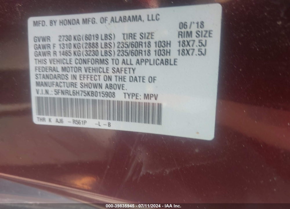 2019 HONDA ODYSSEY EX-L VIN: 5FNRL6H75KB015908