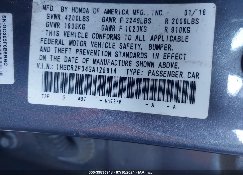 2016 HONDA ACCORD LX VIN: 1HGCR2F34GA125914