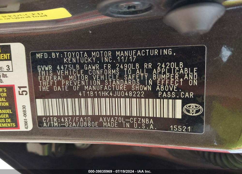 2018 TOYOTA CAMRY LE VIN: 4T1B11HK4JU048222
