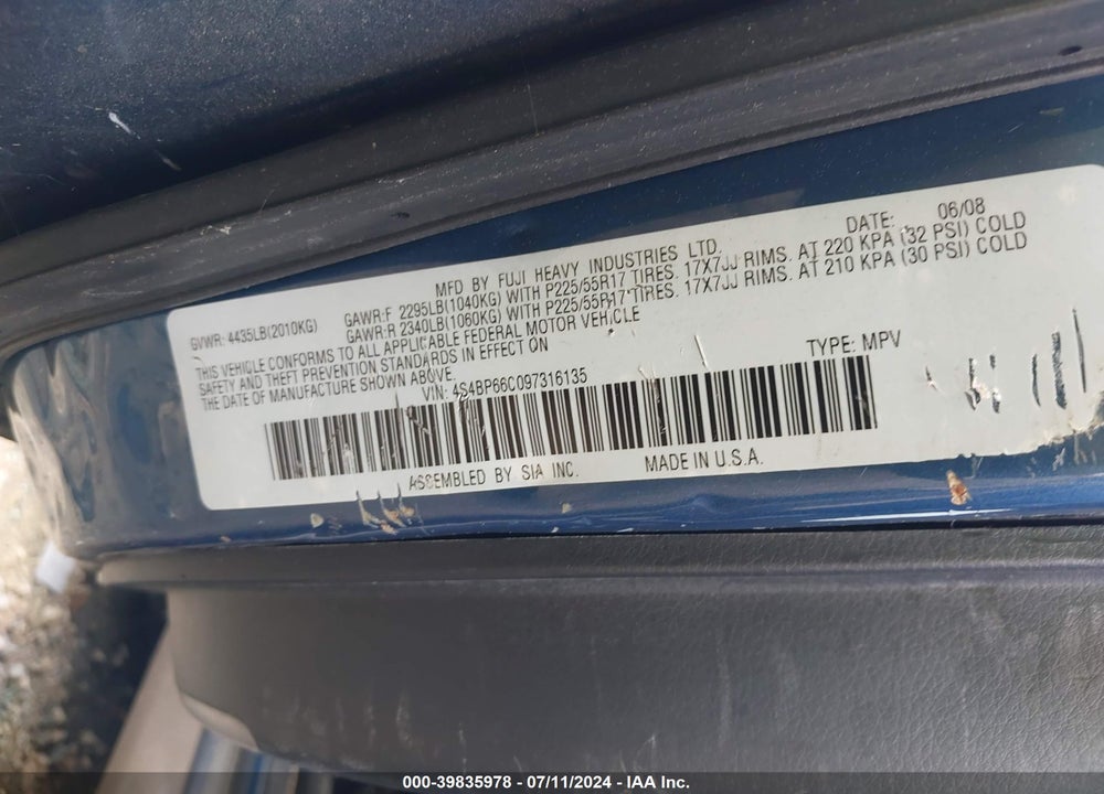 2009 SUBARU OUTBACK 2.5I LIMITED VIN: 4S4BP66C097316135