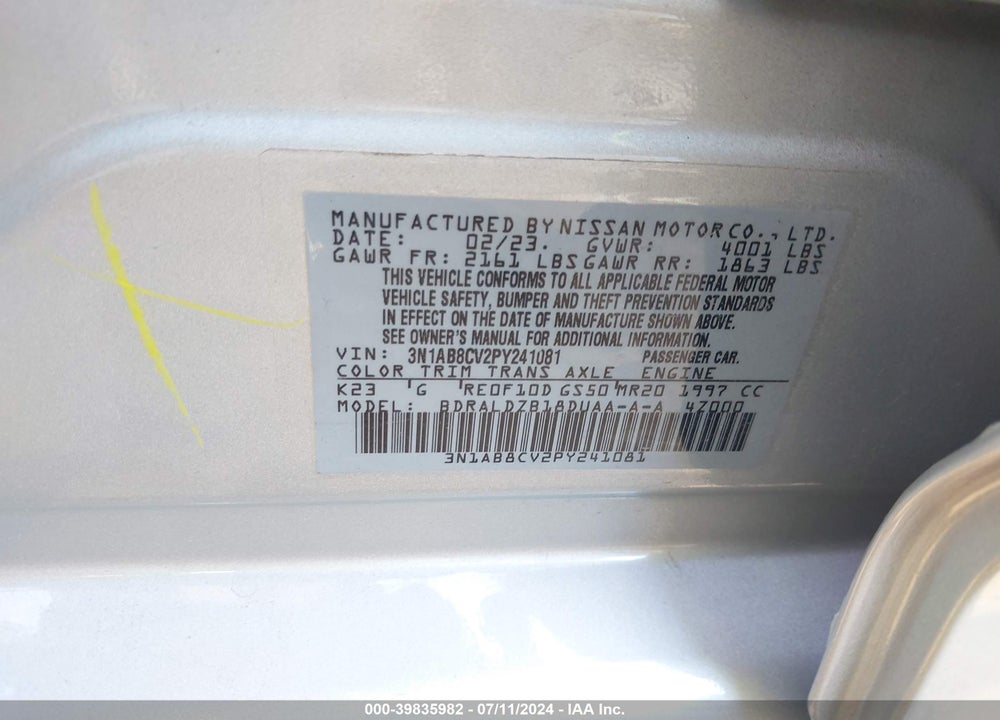2023 NISSAN SENTRA SV XTRONIC CVT VIN: 3N1AB8CV2PY241081