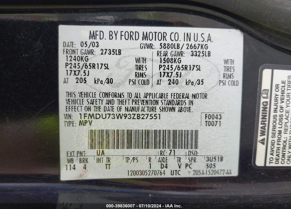 2003 FORD EXPLORER NBX/XLT VIN: 1FMDU73W93ZB27551
