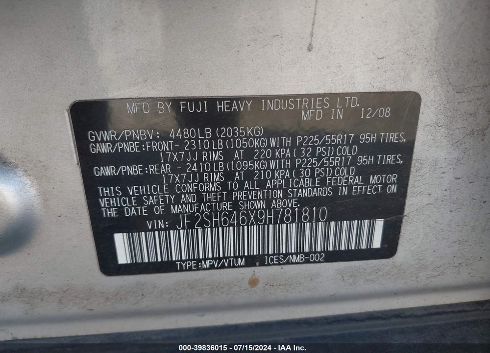 2009 SUBARU FORESTER 2.5X LIMITED VIN: JF2SH646X9H781810