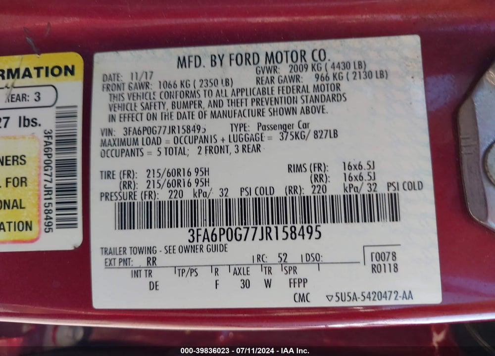 2018 FORD FUSION S VIN: 3FA6P0G77JR158495