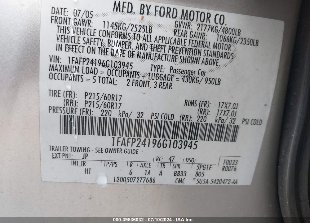 2006 FORD FIVE HUNDRED SEL VIN: 1FAFP24196G103945