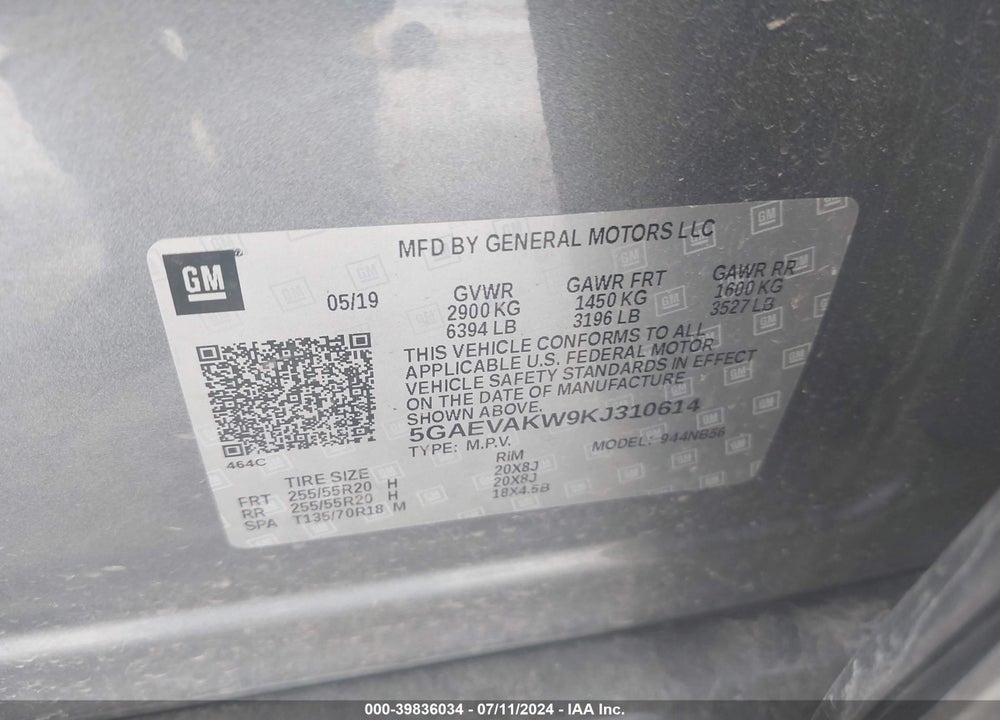 2019 BUICK ENCLAVE AWD ESSENCE VIN: 5GAEVAKW9KJ310614