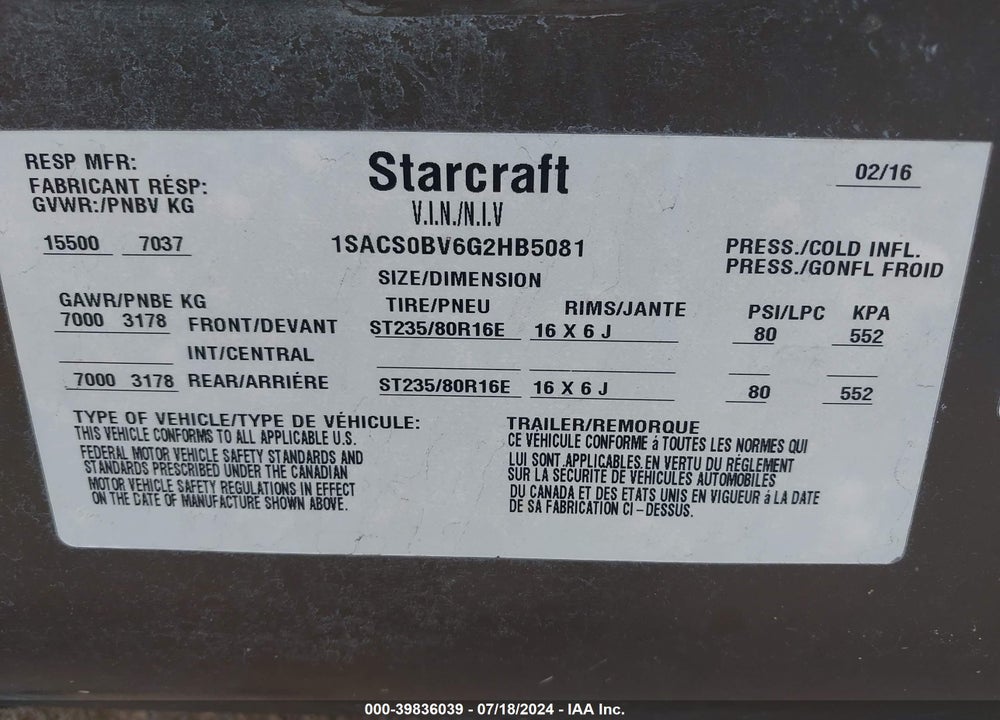 2016 STARCRAFT OTHER VIN: 1SACS0BV6G2HB5081