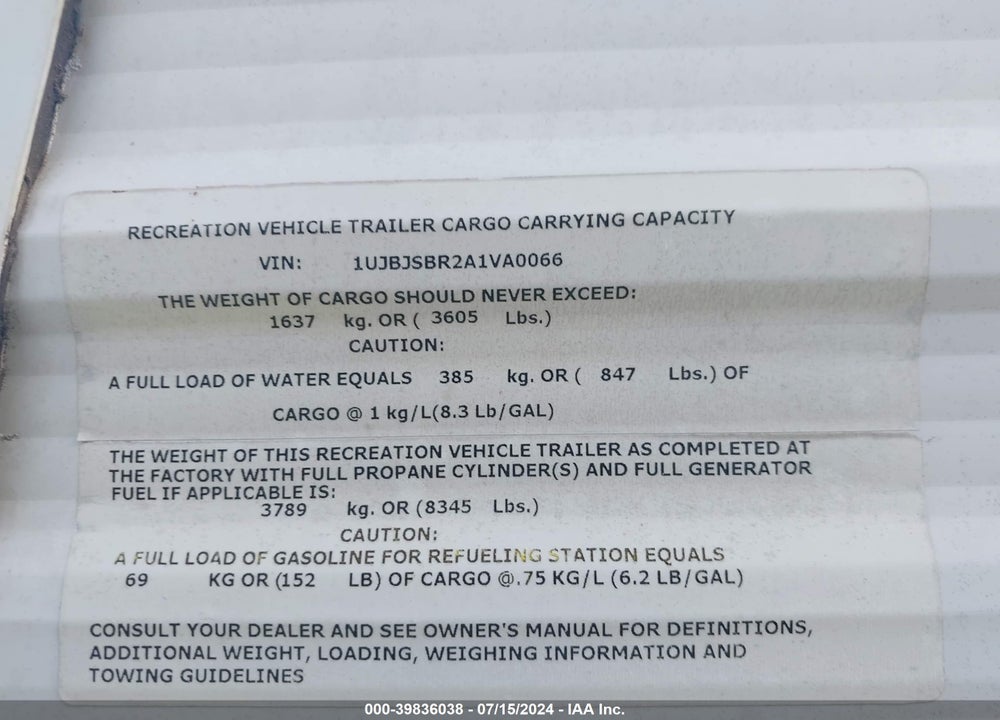 2010 JAYCO OCTANE ZX MODEL T29A VIN: 1UJBJSBR2A1VA0066