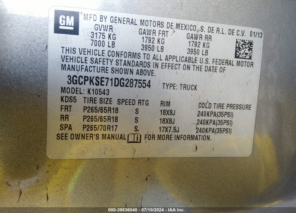 2013 CHEVROLET SILVERADO 1500 LT VIN: 3GCPKSE71DG287554