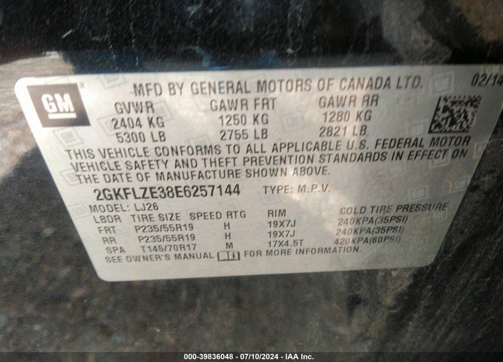 2014 GMC TERRAIN DENALI VIN: 2GKFLZE38E6257144