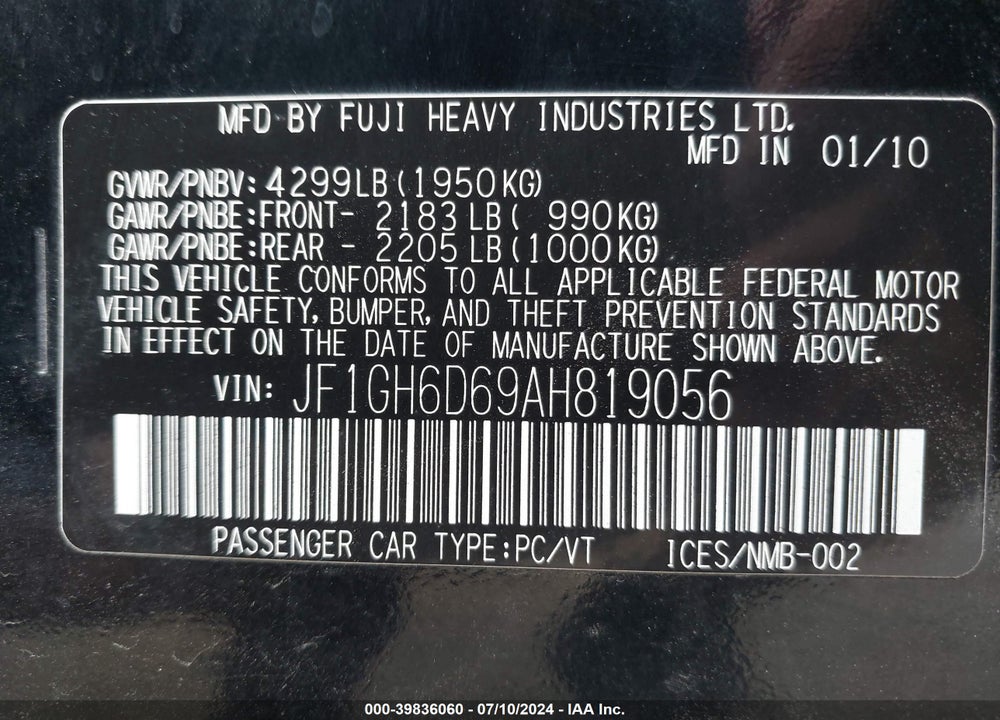 2010 SUBARU IMPREZA OUTBACK SPORT VIN: JF1GH6D69AH819056
