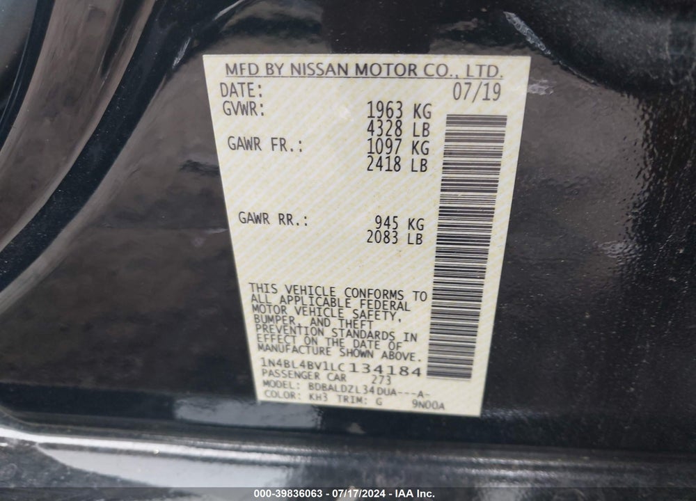2020 NISSAN ALTIMA S FWD VIN: 1N4BL4BV1LC134184