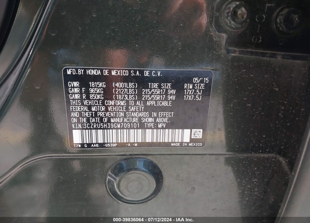2016 HONDA HR-V LX VIN: 3CZRU5H39GM709101