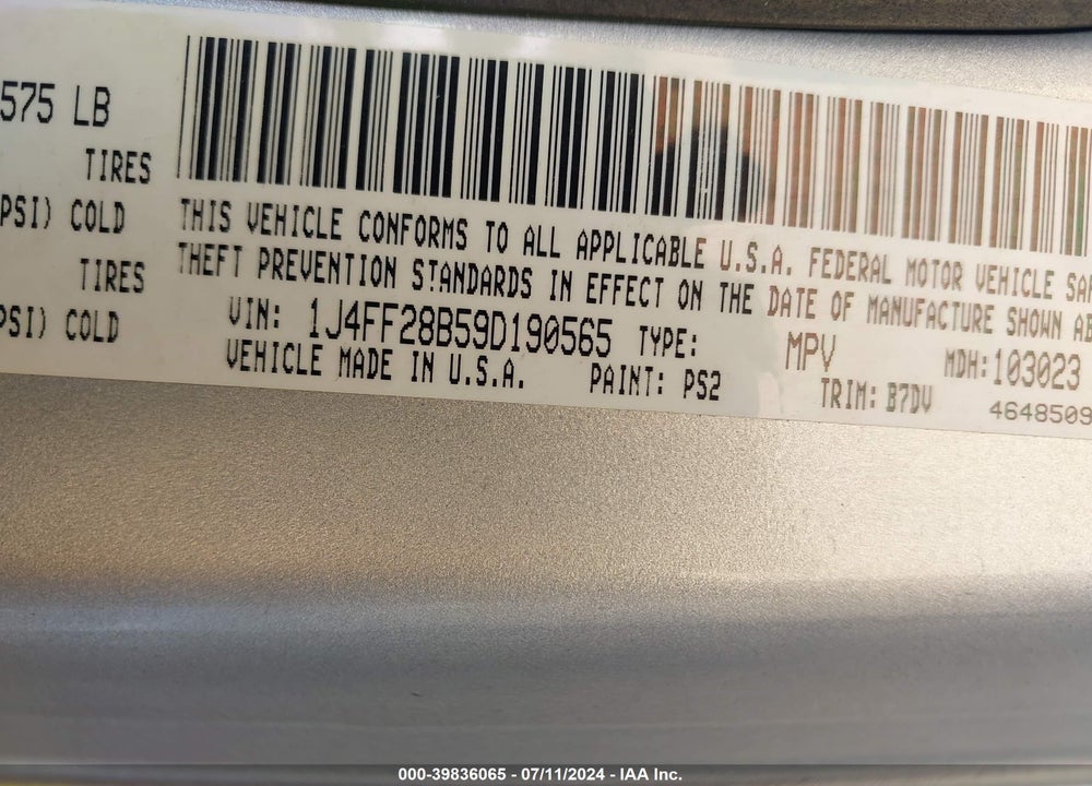 2009 JEEP PATRIOT SPORT VIN: 1J4FF28B59D190565