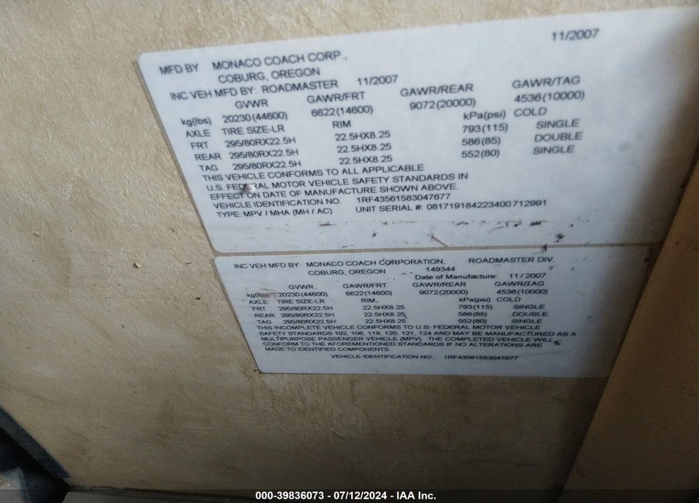 2008 ROADMASTER RAIL MONOCOQUE VIN: 1RF43561583047677