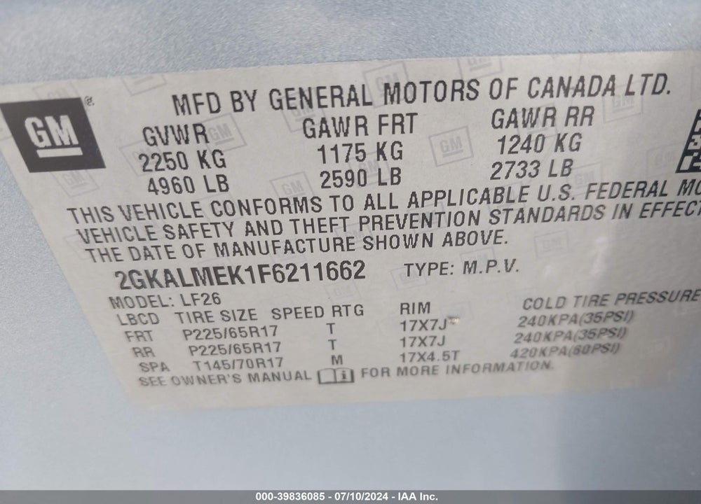 2015 GMC TERRAIN SLE-1 VIN: 2GKALMEK1F6211662