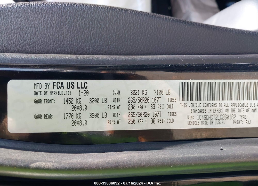 2020 DODGE DURANGO R/T RWD VIN: 1C4SDHCT2LC260162