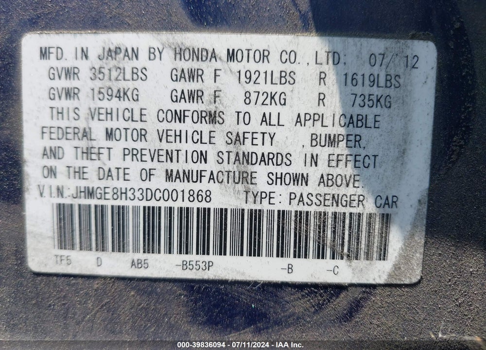 2013 HONDA FIT VIN: JHMGE8H33DC001868