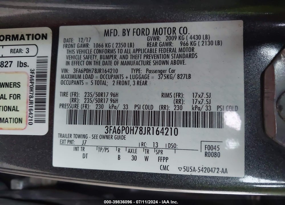 2018 FORD FUSION SE VIN: 3FA6P0H78JR164210