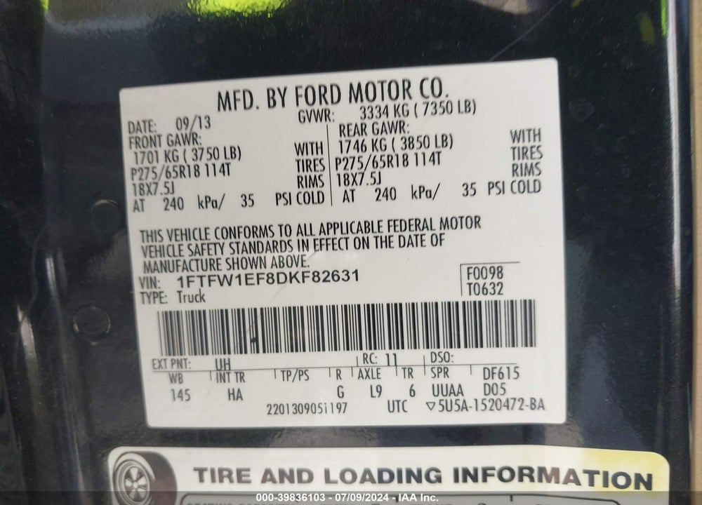 2013 FORD F-150 LARIAT VIN: 1FTFW1EF8DKF82631